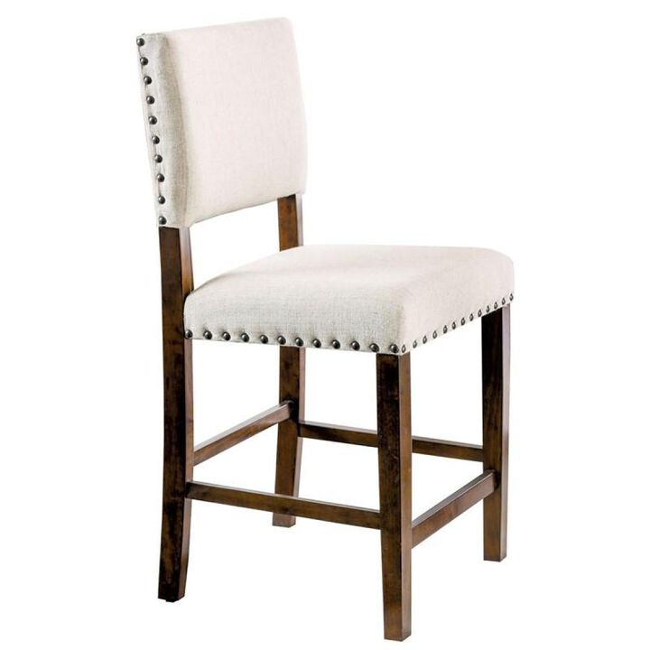 Classic Set of 2 pc Counter Height Dining Chairs Ivory Fabric Padded Linen Chairs Upholstered Cushion High Chairs Nailhead Trim Kitchen Dining Room Solid wood Brown Cherry