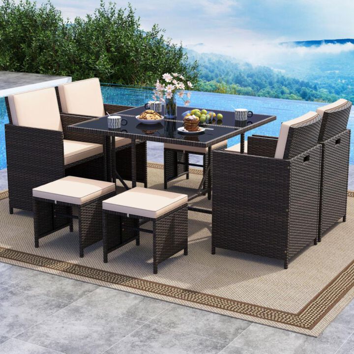 Hivvago 9 Piece Patio Dining Set with Tempered Glass Table and Ottoman