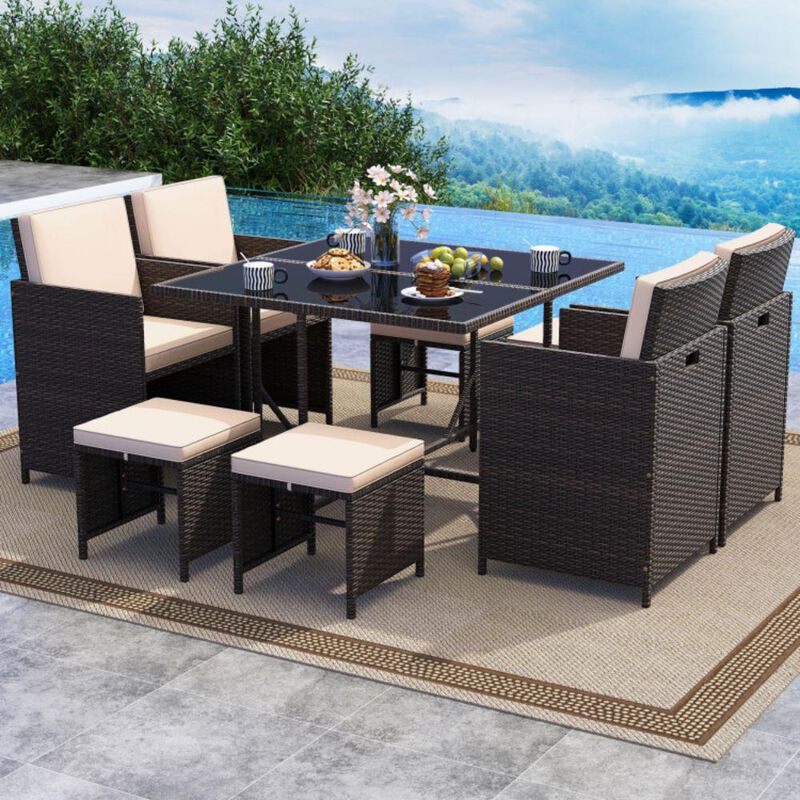 Hivvago 9 Piece Patio Dining Set with Tempered Glass Table and Ottoman