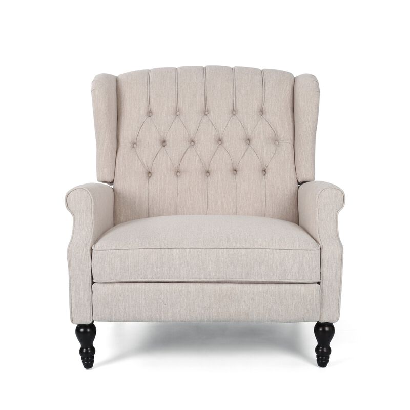 Jade Oversize Wide Chair Manual Recliner, Wingback, Beige Tufted - Benzara