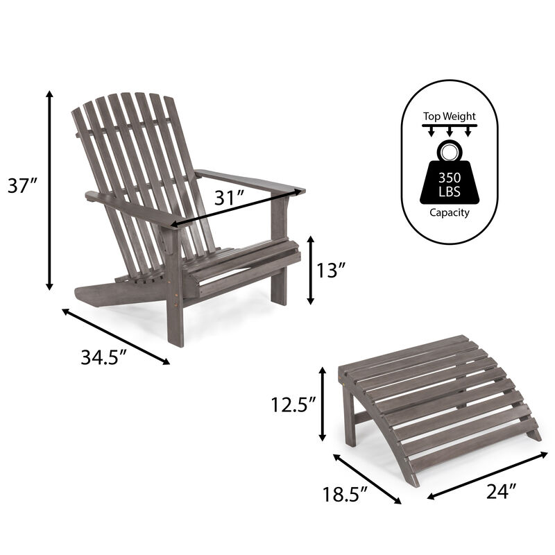 Saranac 2-Piece Traditional Rustic Acacia Wood Adirondack Chair with Detachable Ottoman