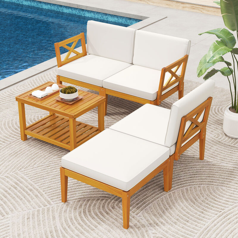 5-Piece Patio Furniture Set with Cushions & 2-Tier Coffee Table for Outdoor Seating