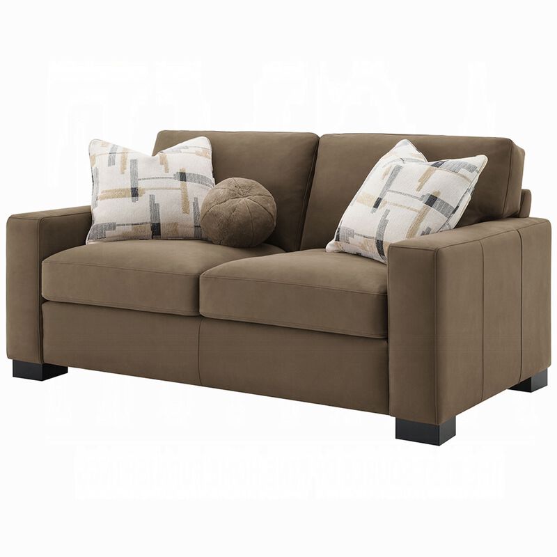 Lenu Modern Loveseat w 3 Accent Pillows, Brown Suede Fabric, 69 Inch