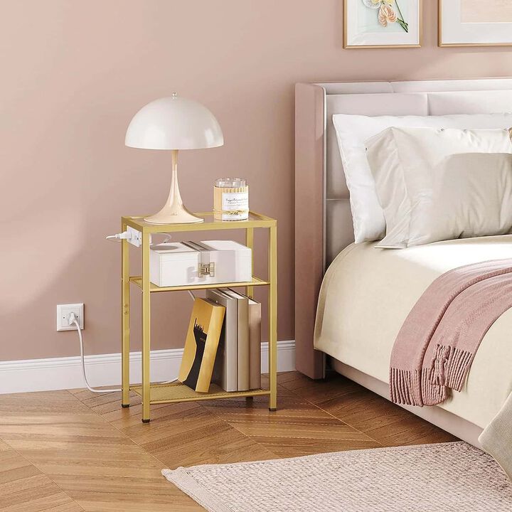 3-Tier End Table with Tempered Glass Shelves, USB and Power Outlet-Gold