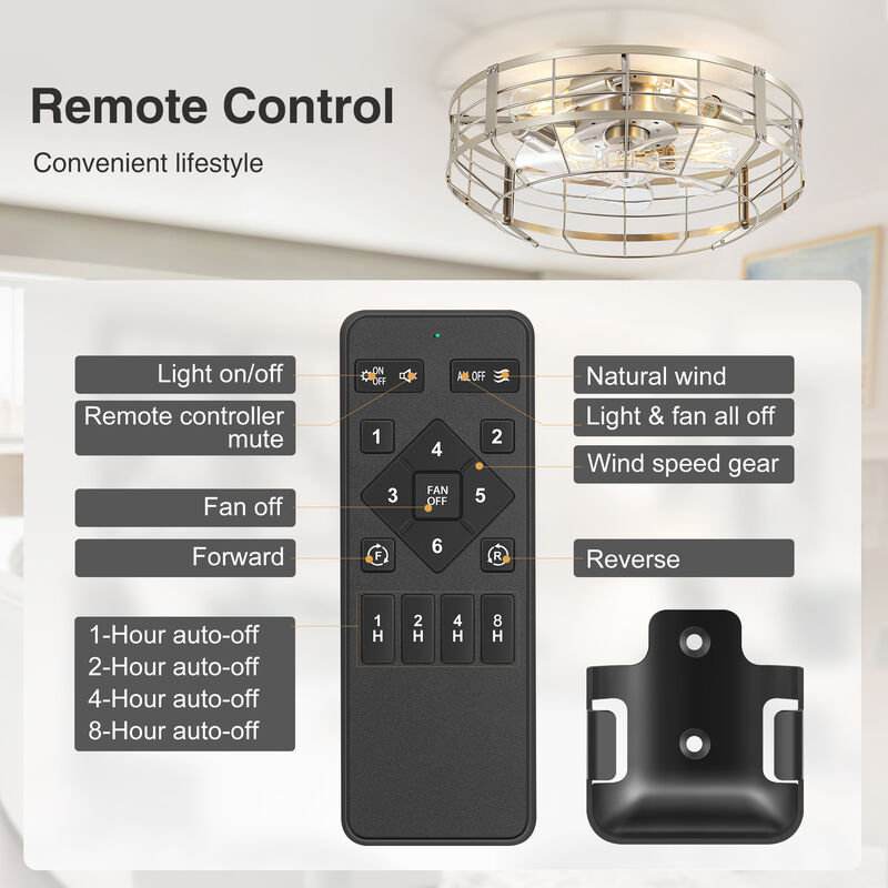 Breezary 20" Caged Ceiling Fan with Light, 4 E26 Bulb Base, 6 Speed , Reversible, Remote Control image number 2