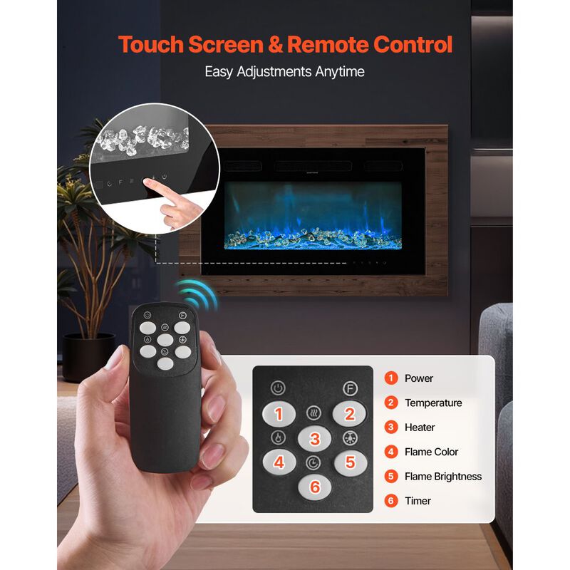Electric Fireplace Wall Mounted 1500W with Adjustable Flame, Remote & Overheat Protection-Black image number 4