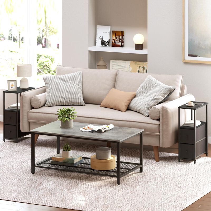 TUTOTAK Small Narrow End Table, Set of 2, Side Table, Nightstand with 2 Cloth Drawers, Couch Table, for Living Room, Bedroom, Be