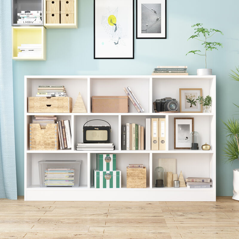 41.3 in. H x 55.1 in. W White Wood 10-Shelf Freestanding Standard Bookcase Display Bookshelf With Cubes