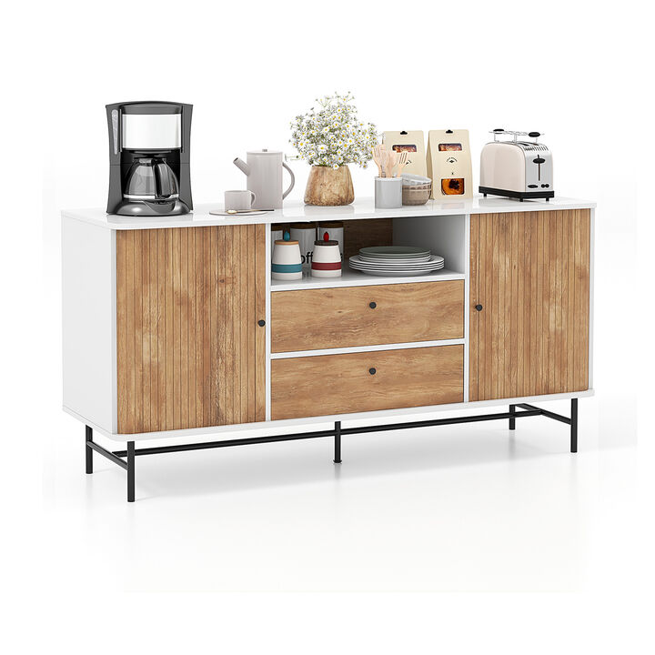 Mid Century Modern Buffet Sideboard with Sliding Tambour Doors and 2 Storage Drawers-White