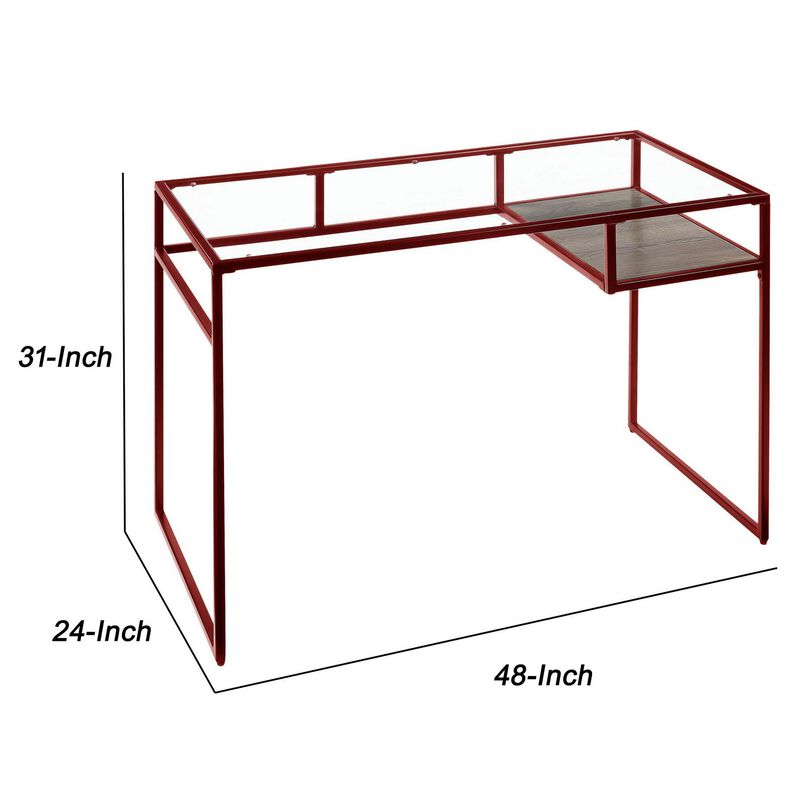 Rectangular Glass Top Desk with Open Compartment and Sled Base, Red-Benzara image number 5