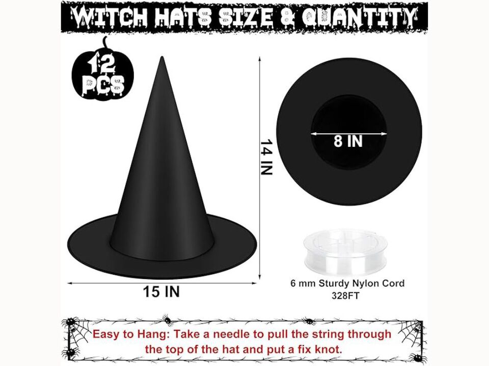 12-Pack Hanging Witch Hats – Black Wizard Hats with 328FT Nylon Cord for Indoor/Outdoor Halloween Decor & Costume Accessories