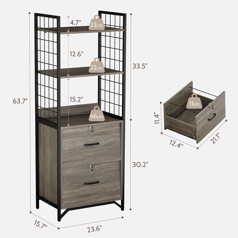 File Cabinet, 64"H Filing Cabinet with Printer Stand and Bookshelf, Small Office Cabinet with 2 Wood Drawers and Shelves, Drawer Office File Cabinets image number 2