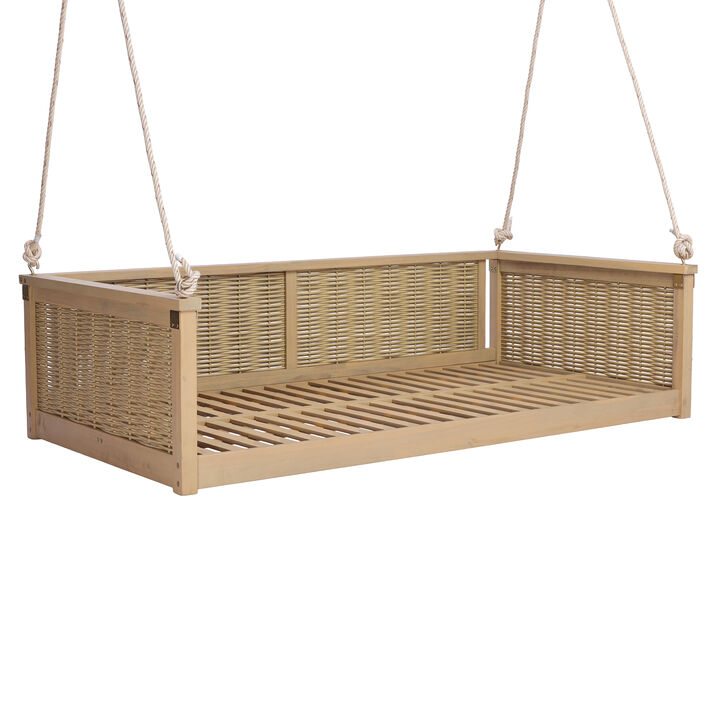 Merax Outdoor Twin Swing Bed with Sturdy Acacia Wood Frame & Handwoven Rattan