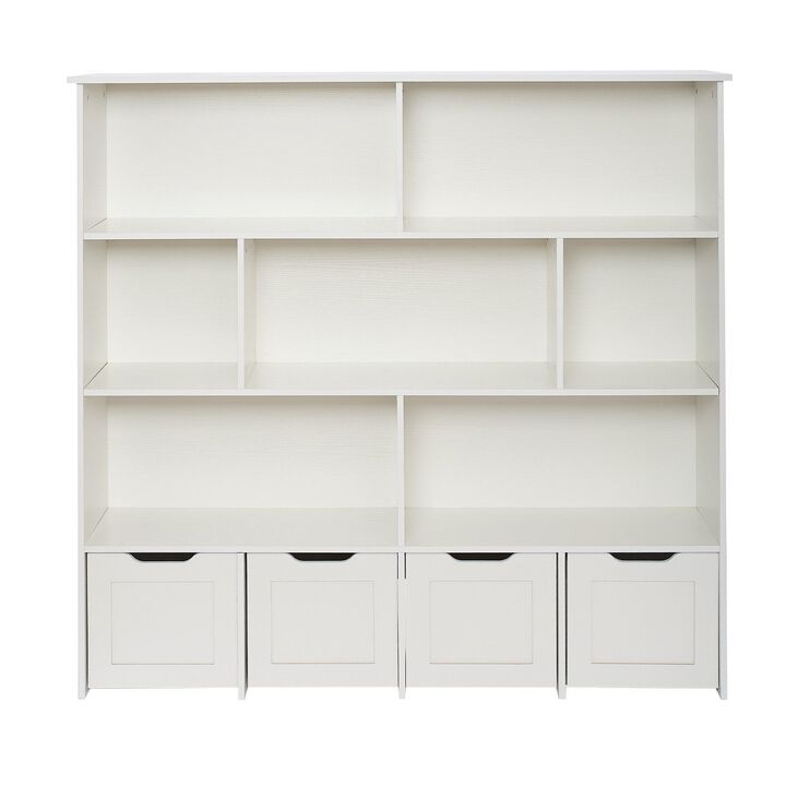 Wooden Kids White Toy Storage Organizer with Bookshelf and 4 Mobile Drawers