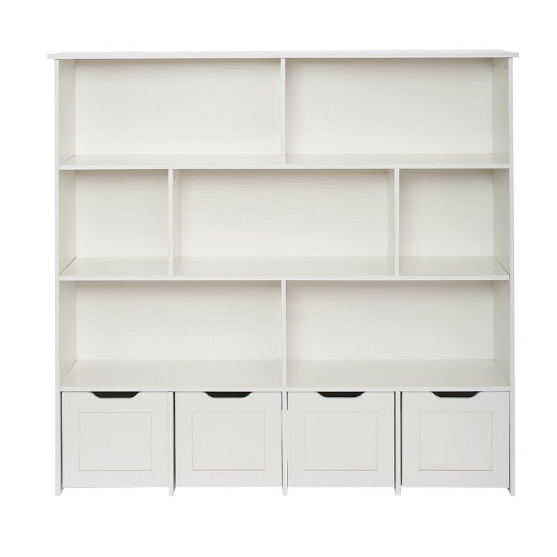 Wooden Kids White Toy Storage Organizer with Bookshelf and 4 Mobile Drawers image number 0