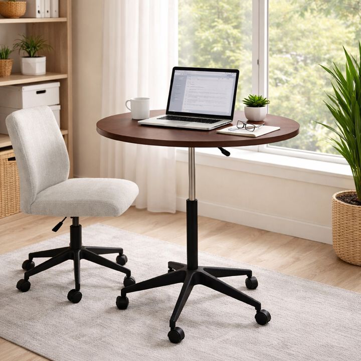 Mobile Table w Casters, Round Wood Top, Height Adjustable, Brown 27-38 Inch