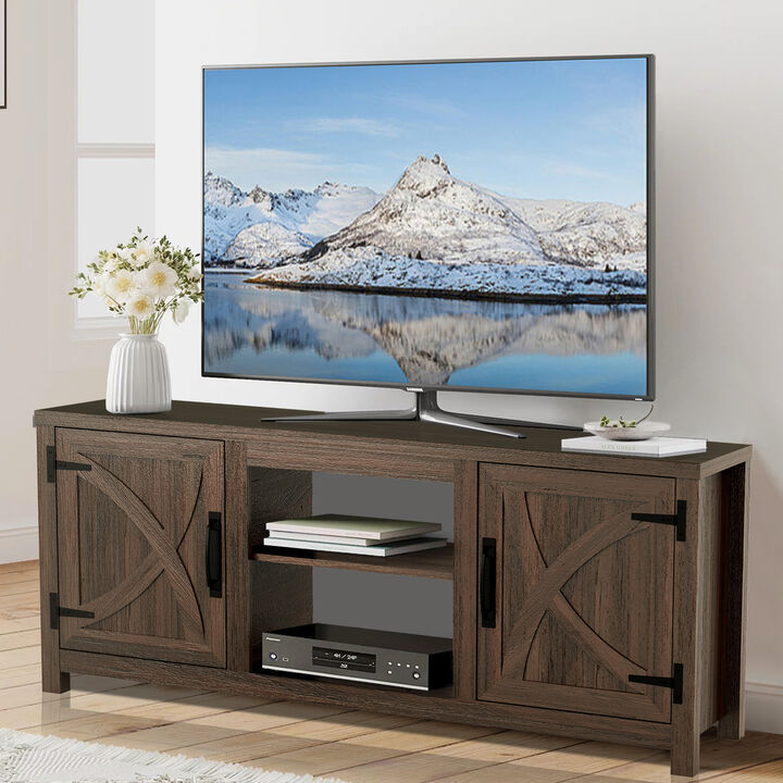 58" Farmhouse TV Stand with Open Storage Shelves and Cabinets for TV up to 65"