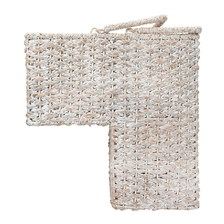Braided Bankuan and Rattan Stair Basket with Whitewash Finish and Handles, White