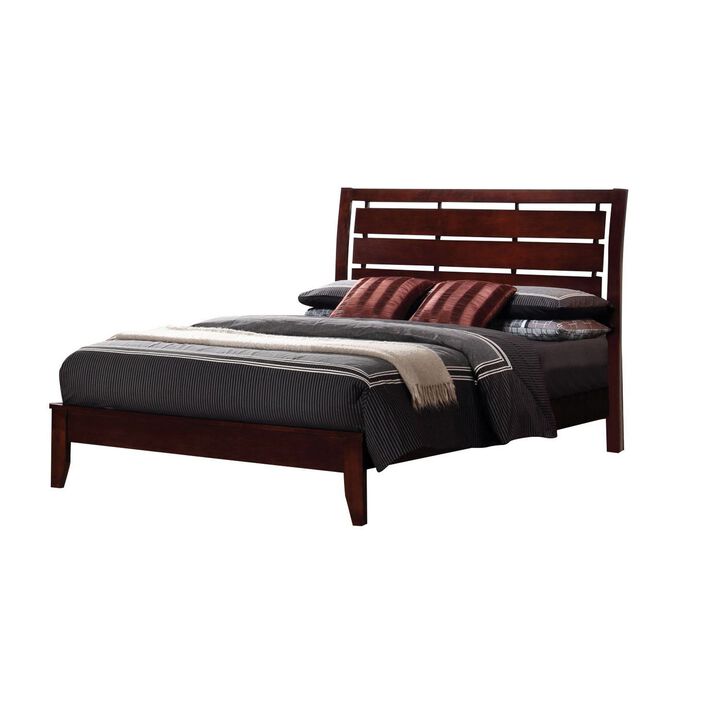 Transitional Wooden Queen Size Bed with Slatted Style Headboard, Brown-Benzara