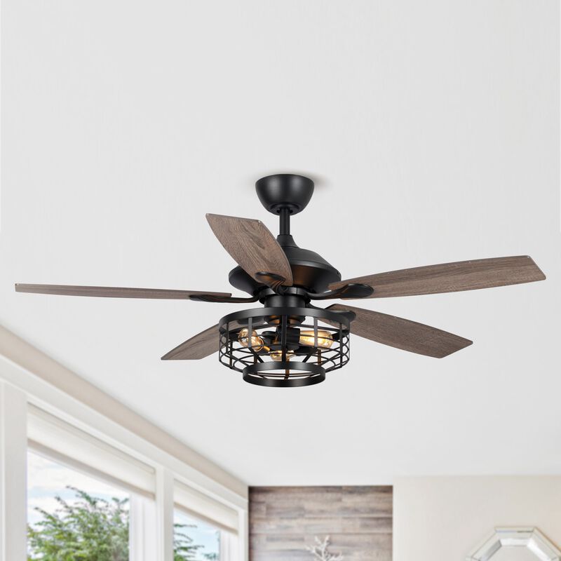 52" Industrial Wood 5-Blade 3-Light Metal Ceiling Fan with Remote