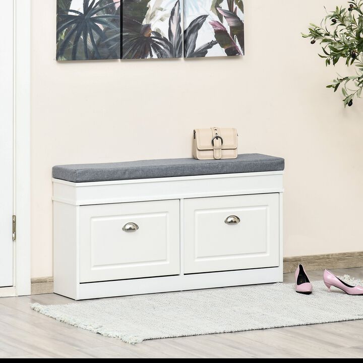Shoe Storage Bench, Modern Shoe Bench with Thick Padding, Hook and Loop Fastener for Entryway, Hallway, Shoe Rack Bench, White/Grey