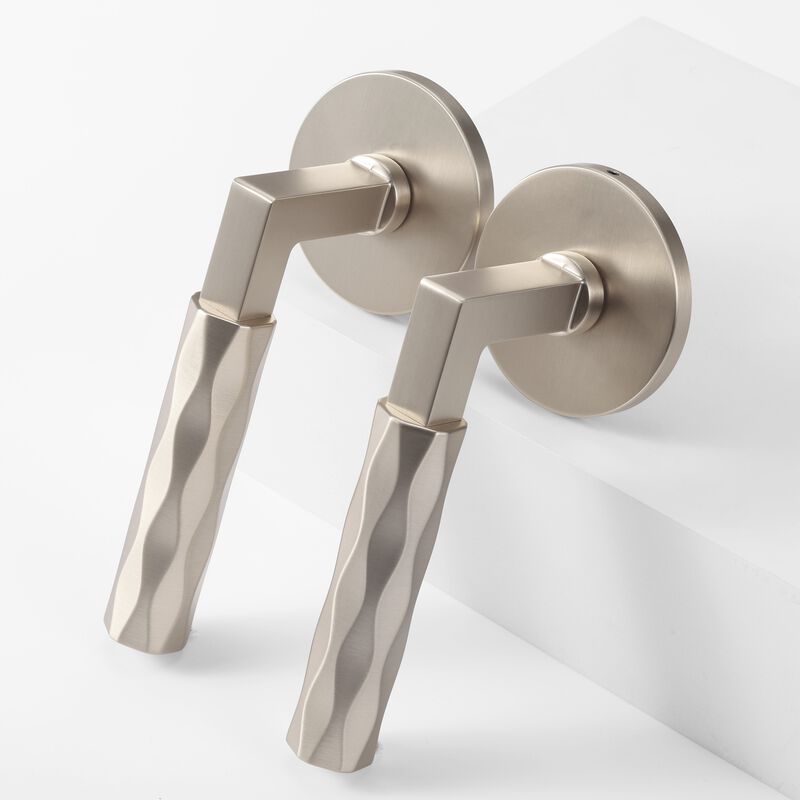 Hailey Satin Nickel Modern Double Dummy Interior Door Handle with Round Rosette and Concealed Screws image number 5