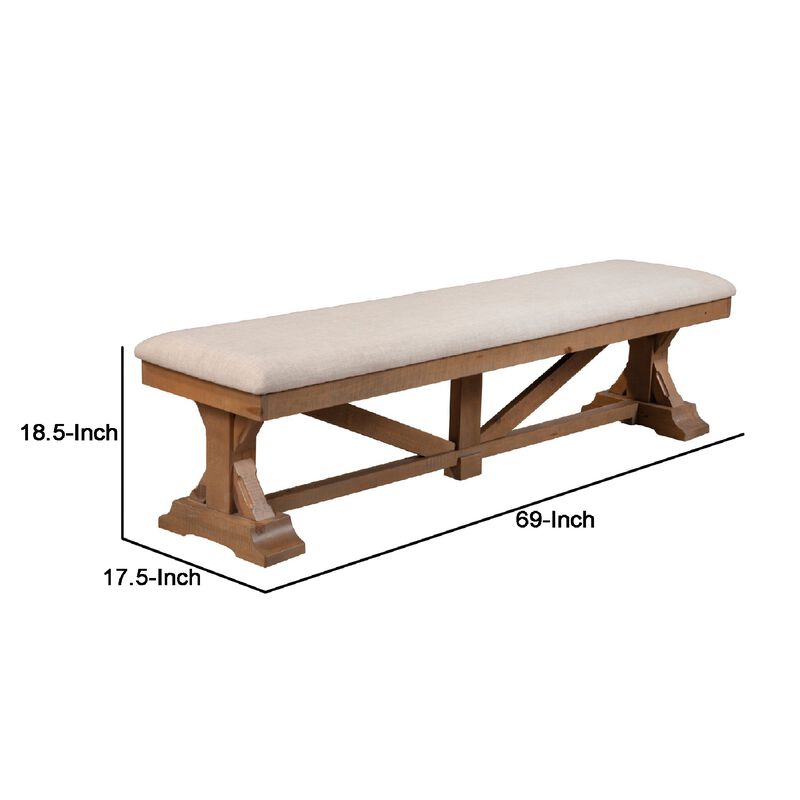 Tess 69 Inch Dining Accent Bench, Beige Fabric Cushion, Pine Wood, Brown-Benzara image number 6