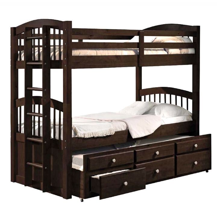 Wooden Twin/Twin Bunk Bed & Trundle with 3 Drawers, Brown-Benzara