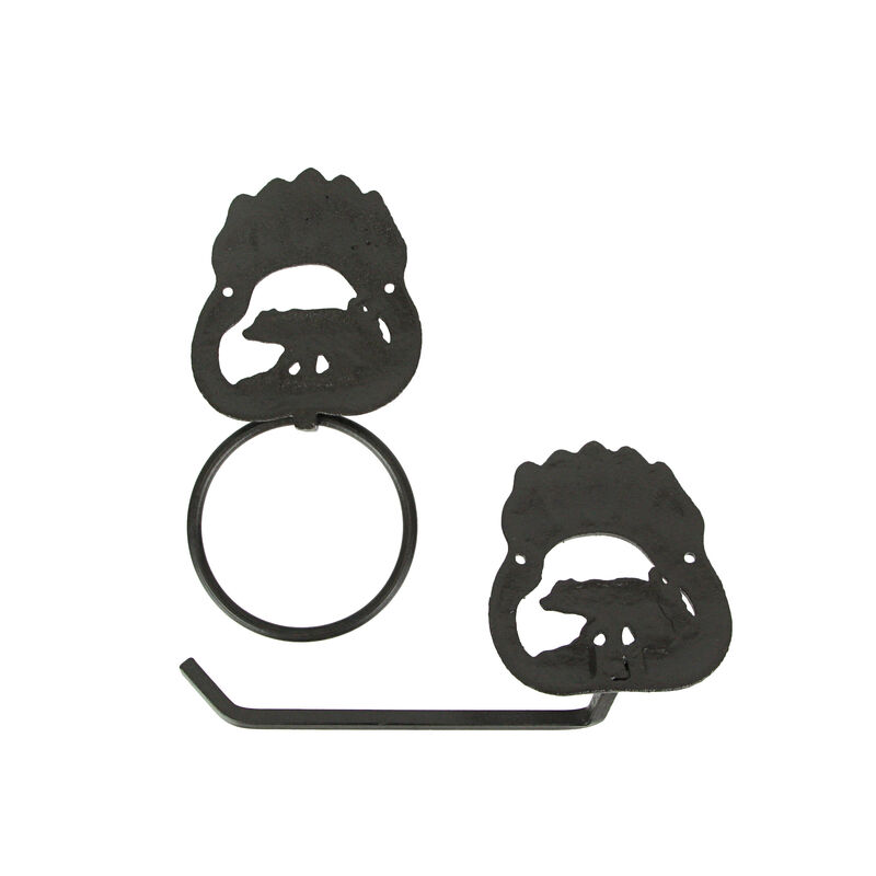 Rustic Cast Iron Black Bear Paw Towel Ring and Holder Set image number 2