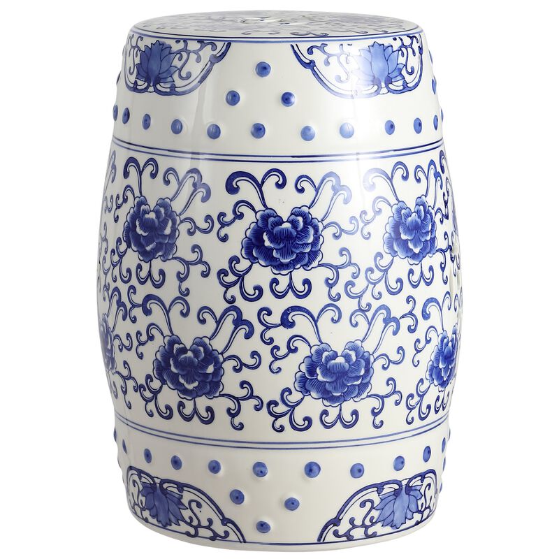 Lotus Flower 17.8" Chinoiserie Ceramic Drum Garden Stool, Blue/White