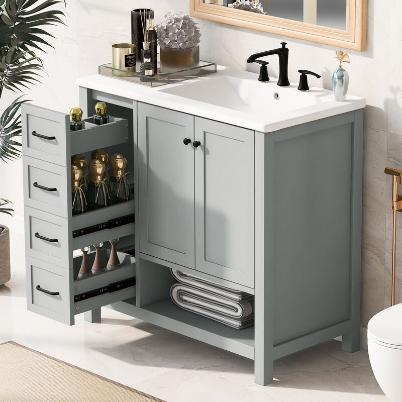 Merax Freestanding Bathroom Vanity with Ceramic Basin (3 Faucet Holes), Two-Door Cabinet & Drawers image number 2