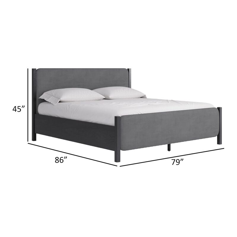 Cave King Bed, Velvet Upholstery, Square Posts, Gray Mahogany Mahogany Wood - Benzara