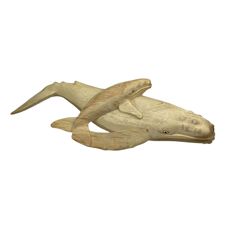 Beautiful Carved Teak Wood Humpback Whale and Baby Tabletop Statue 20 Inch image number 0