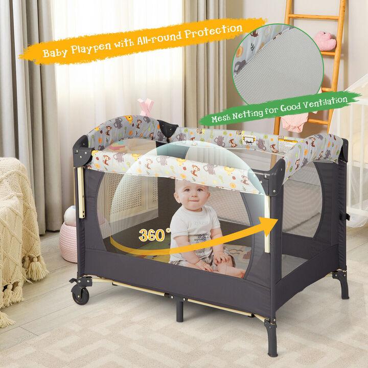 3-in-1 Convertible Portable Baby Playard with Music Box and Wheel and Brakes