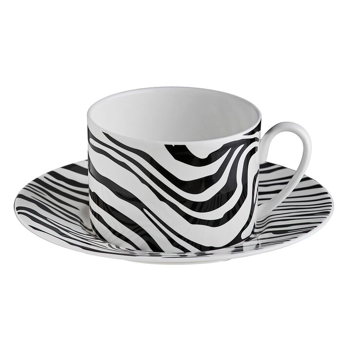 Tea Cup & Saucer ZEBRAGE Set of 2 in Luxury Box 3.3", H 2.3", cap. 7.5 oz, Saucer diam. 6"