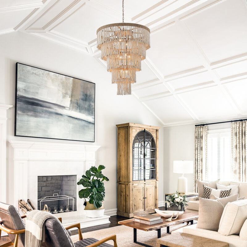 32 in. 9-Light Bohemian Off-White 5-Tier Round Fringe Chandelier