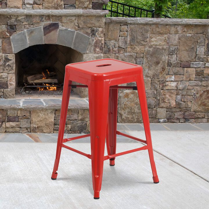 Flash Furniture Kai Commercial Grade 24" High Backless Red Metal Indoor-Outdoor Counter Height Stool with Square Seat