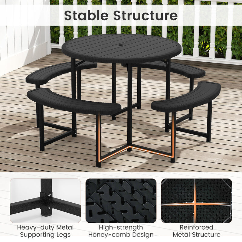 Round Picnic Table Set with 4 Benches and Umbrella Hole &ndash; Outdoor Patio Dining