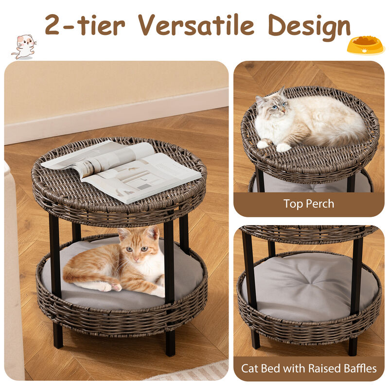 Rattan 2-Tier Cat Nest with Removable Padded Cushion for Home-Grey image number 6