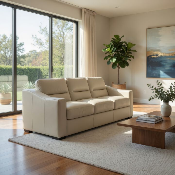 Rove Sofa, 93 Inch, Plush Cushioned Cream Real and Faux Leather Seats