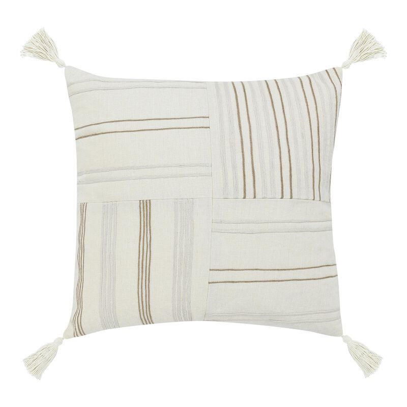 Pini Throw Pillow, Boho Design Stripe Pattern, 22 Inch Beige Linen - Benzara