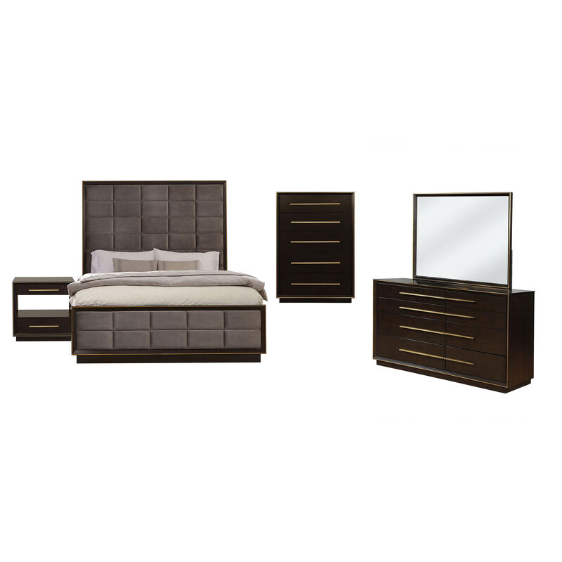 Lyni 5pc Tall Queen Bedroom Set, Gold Accents, Brown, Gray Upholstery image number 0