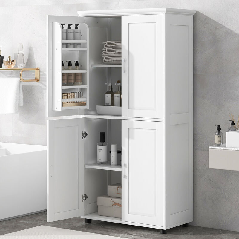 Whisen Minimalist Style Tall and Wide Storage Cabinet, Freestanding Cabinet with 4 Doors and Adjustable Shelves - White