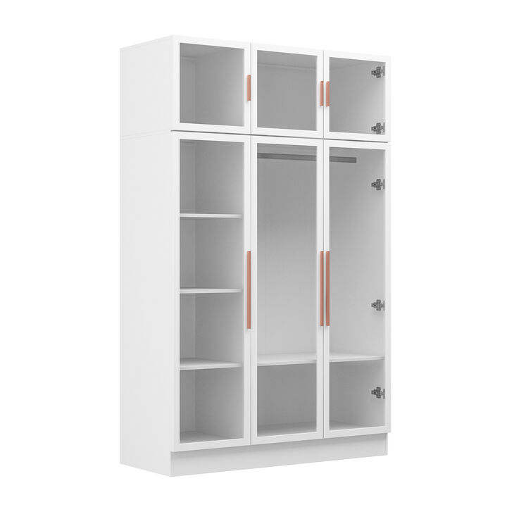 White Wood 47.2 in. W Glass Doors Armoires Metal Frame Wardwore with LED Lights, Hanging Rod (74.8 in. H x 19.2 in. D)