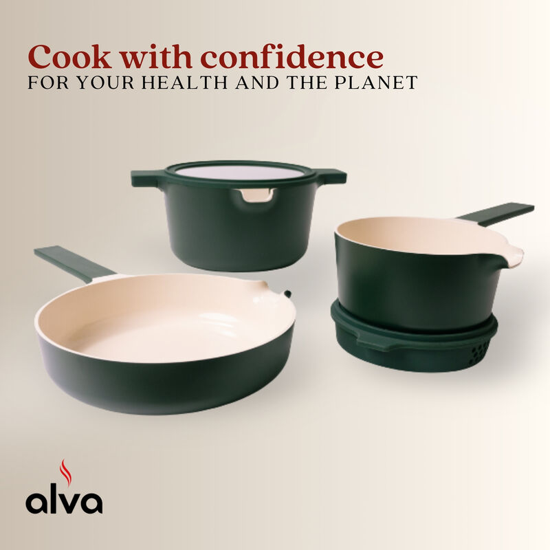 Alva Neat Nested Nonstick Ceramic Cookware Set 5-Piece Set - Easy to Clean, Oven Safe and Made without PFAS, PFOA & PTFE - Induction and All Stovetop Compatible with Even Heat Distribution image number 9