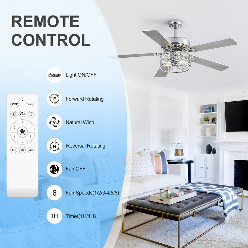 Breezary 52" Ceiling Fan with Crystal Light, 5 Blade,6 Speed, Remote image number 2