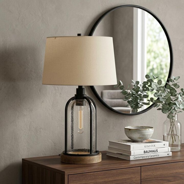 HomeRoots 27" Brown Metal Two Light Globe Table Lamp With Eggshell Empire Shade