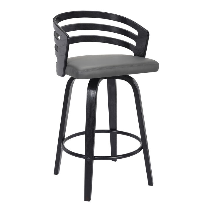 Jayden  Counter Height Swivel Grey Faux Leather and Black Wood Bar Stool