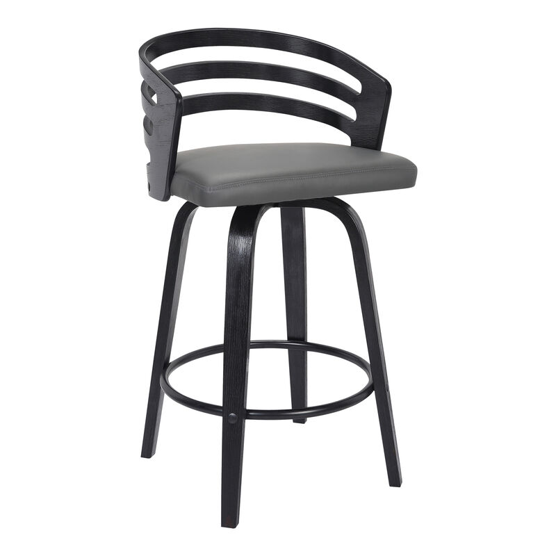 Jayden  Counter Height Swivel Grey Faux Leather and Black Wood Bar Stool