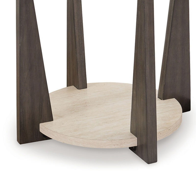 Miu Side End Table, 24 Inch Round Glass Top w Shelf, Brown Angled Base